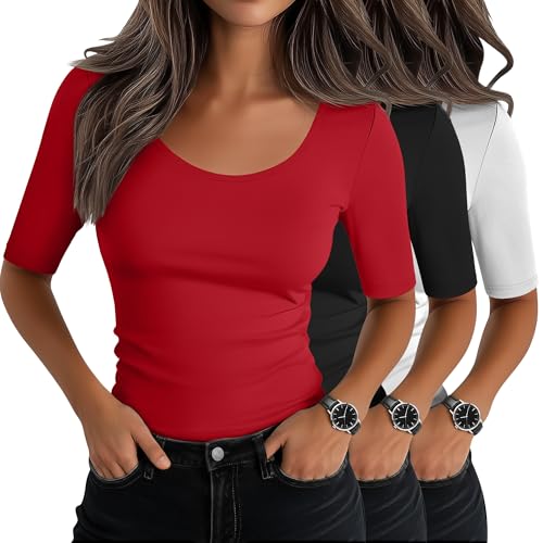 Neer 3er Pack Damen Tops Rundhalsausschnitt Halbe Ärmel Stretch Baumwollmischung Slim Fit Basic Sommer T-Shirts(Rot Schwarz Weiß XXL)