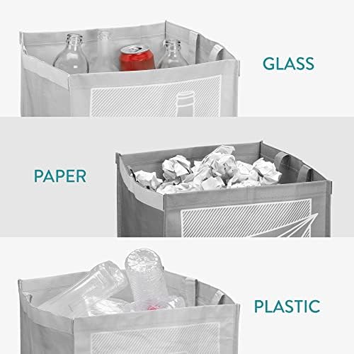 Navaris Recycling Bags for Kitchen (Set of 3) - Reusable Recycle Bag Set to Separate Paper, Plastic, Glass - Indoor Sorter Bin Organiser Bins - Grey
