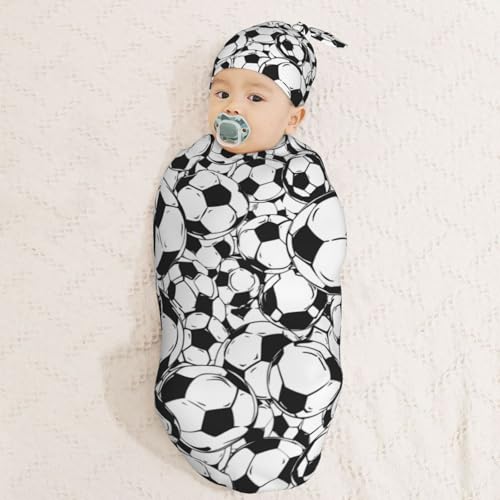 Image of Soccer Balls White Newborn Swaddle Blanket with Beanie Set Soft Baby Sack Stretch Adjustable Swaddle Wraps Receiving Blankets