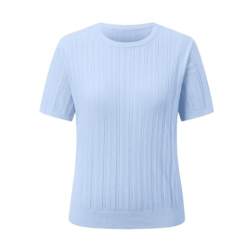 Image of SANGTREE Women's Cable Knit Half Sleeve Sweaters, Crew Neck Solid Color Knitted Summer Pullover Tops