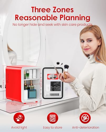 Image of Skincare Fridge - 4L Mini Fridge for Bedroom, Office and Car, for Refrigerating Makeup, Skincare and Food, Cooler and Warmer, Beverage Cooler, Red