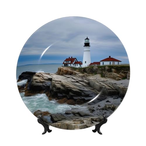 SHIRMDIY Blue Sky Lighthouse Decorative Porcelain Dish with Stand, Circle Decorative Plates for Display Sea Reef Home Office Kitchen Wall Decor, 6in