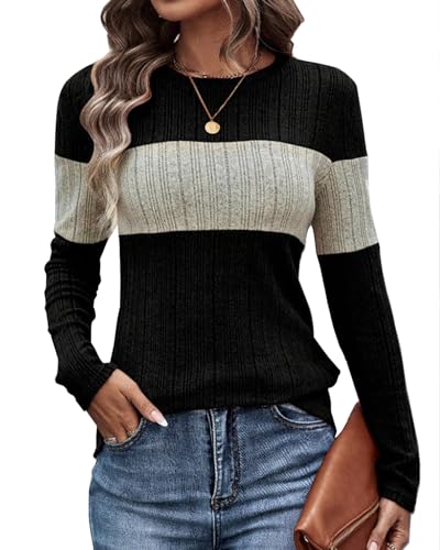 SherryDC Women Long Sleeve Tunic Shirts Lightweight Thin Sweater Color Block Ribbed Casual Crewneck Fall Top
