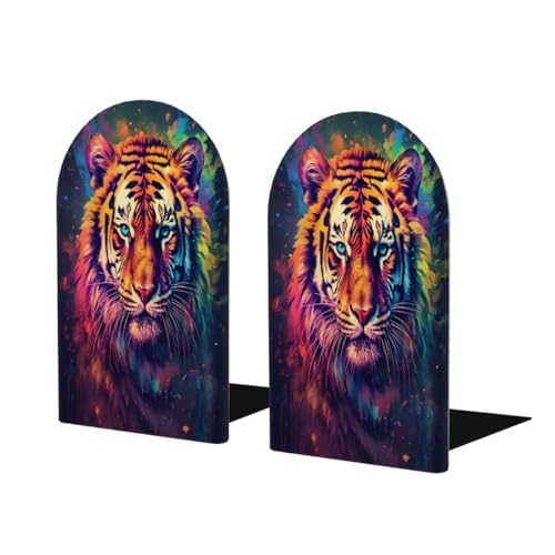 (2 PCS/1 Pairs) Wood Bookends Tiger Starry Sky Animals Decorative Wood Bookends for Student School Shelves Kids Room Desk Home Office Book Stoppers for Holiding Books 5x3 Inch