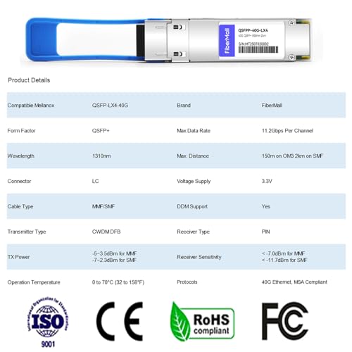 Image of 40G QSFP+ LX4 Optical Transceiver Module,Compatible with Mellanox QSFP-LX4-40G,40GBASE-UNIV QSFP+ 1310nm 4 CWDM 1310nm 2km /150m SMF /MMF LC DDM