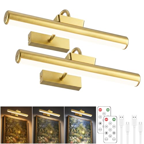 13" Aluminum Wireless Picture Lights for Wall, 5000mAh Rechargeable Battery Operated Wall Art Lighting, Dimmable 3-Color Gallery Painting Light for Pictures On Wall, with Remote/Timer [Gold, 2Pack]