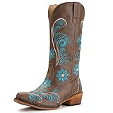 IUV Cowboy Boots For Women Mid Calf Cowgirl Boots Embroidered Pull-On Tabs Snip Toe Boot