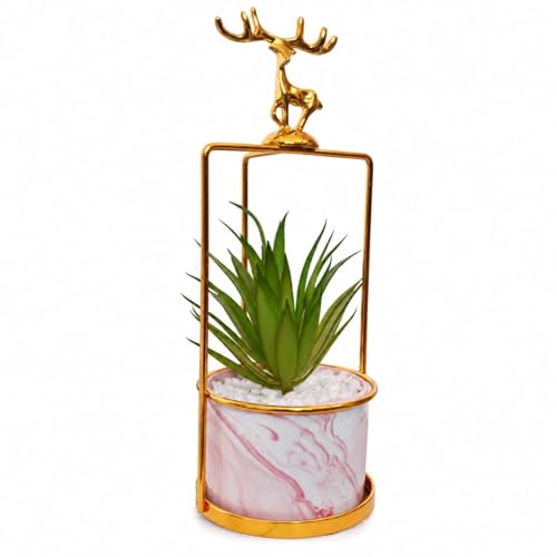 Image of Marble Ceramic Planter Pot with Artificial Succulent, Pink & Gold