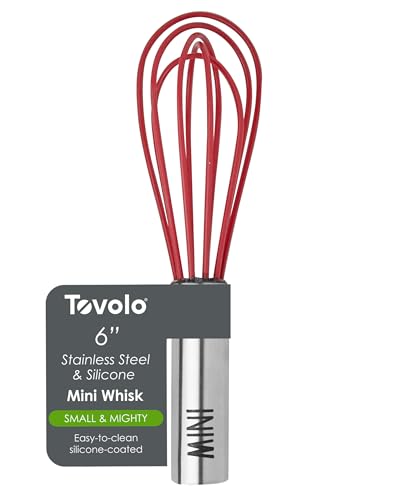 Tovolo Mini Whisk Stainless Steel 6 Inch Tiny Whipper Silicone Whisker for Cooking Blending Mixing Stirring Whisking Egg Beating, Easy Clean Dishwasher Safe Small Kitchen Mini Metal Whisk, Cayenne Red