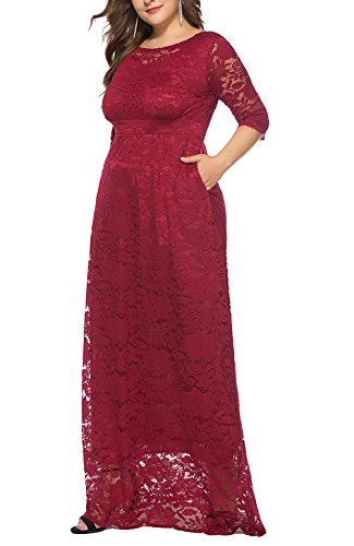 Eternatastic Womens Floral Lace 2/3 Sleeves Maxi Dress Evening Party Long Dress 3XL Red — view 4