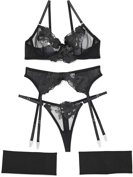 Lingerie Set for Women 4 Piece Floral Embroidered Lace Sheer Underwire Bra with G-String Thigh Bands with Garter Belt