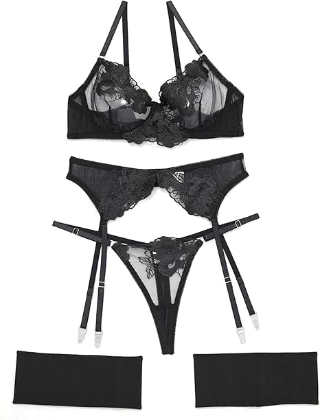 Lingerie Set for Women 4 Piece Floral Embroidered Lace Sheer Underwire Bra with G-String Thigh Bands with Garter Belt