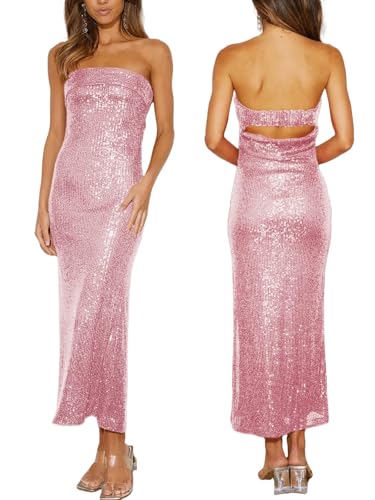 Image of Women Strapless midi Sequin Dresses Bodycon Sleeveless Wedding Guest Sparkly Glitter Formal Cocktail Dress