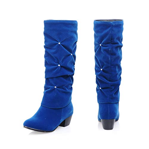 MIOKE Women's Fashion Slouch Mid Calf Riding Boots With Rhinestone Round Toe Suede Cozy Low Heel Dress Boots2