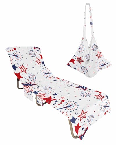 Red Blue Star 4th of July Beach Lounge Chair Towel Cover, Soft Chaise Lounge Towel with Side Pockets Patio Pool Chairs Cover for Beach/Pool Sunbathing 29x85 Independence Day Fireworks