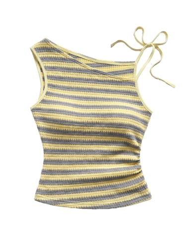 Verdusa Women's Striped Tie Shoulder Tank Top Sleeveless Knit Going Out Tops Yellow and Grey Small