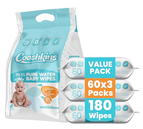 De-Chlorinated Pure Water Baby Wipes | Gentle Unscented Wipes for Sensitive Skin | 99.9% Pure Water Based | Alcohol-Free, Paraben-Free | Soft &amp; Thick (60 Count (Pack of 3))