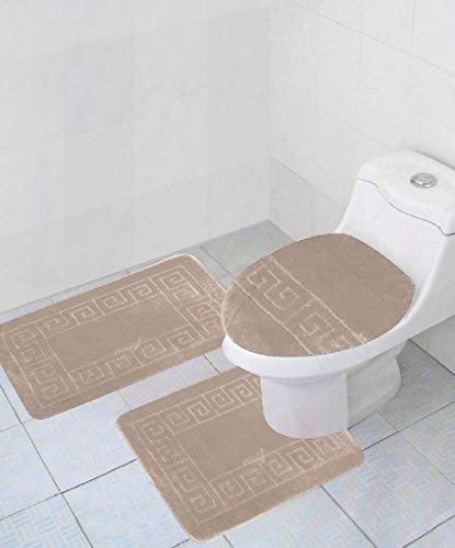 WPM WORLD PRODUCTS MART 3 Piece Bath Rug Set Pattern Bathroom Rug (20\"x32\")/large Contour Mat (20\"x20\") with Lid Cover (Beige)