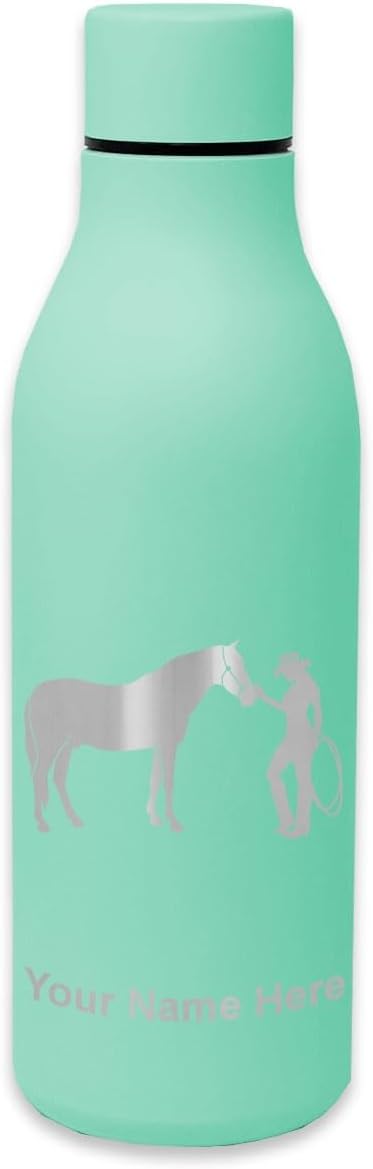 LaserGram Double Wall Stainless Steel Water Bottle, Horse and Cowgirl, Personalized Engraving Included