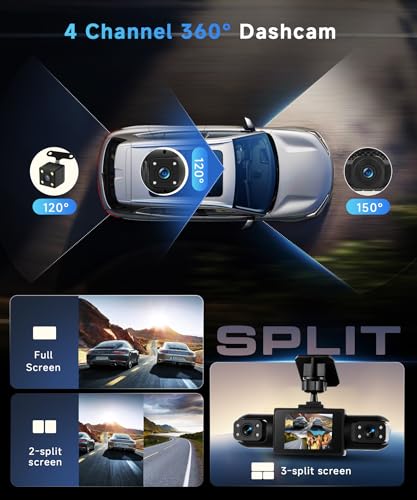 Image of 4 Channel 360 Dash Cam Front and Rear Inside Left Right, 2 Inch Dash Camera for Cars, Built-in Night Vision, Sensitive Motion Detection 24 /7 Recording Parking Mode Monitor Reversing Help
