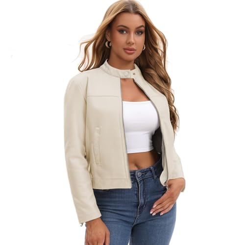 Women's Faux Leather Motorcycle Jacket Casual Zip-Up Biker Trendy Coat with Pockets