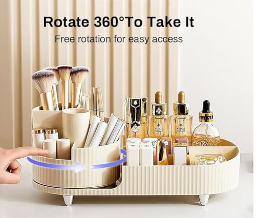 Image of Kesi Rotating Makeup Organizer For Vanity, Large Capacity for Cosmetics 360 Rotating Bathroom Organizer, Cosmetic Perfume Storage Organizer for Dressing Table Countertop Makeup Room (Off White)