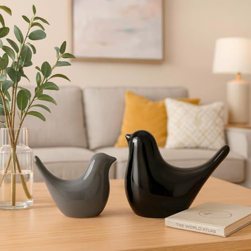 Image of LIFEHAXTORE Creative Black and Grey Glossy Ceramic Birds Figurines Home Decorations Accessories Party (Pack of 2)