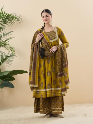 Image of MOKOSH Women's Cotton Print Anarkali Kurta Sharara with Dupatta | Anarkali Kurta Set | Queen Anne Neck Full Sleeve Ethnic Suit | Floral Kurta 3 Colour Option Available | 3 Piece Outfit