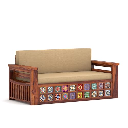 Image of Solid Sheesham Wood Sofa Cums Bed with Cushioned Seating & Handcrafted Tile Storage Front | Rosewood Convertible Sofa Bed for Living Room & Bedroom (Honey)