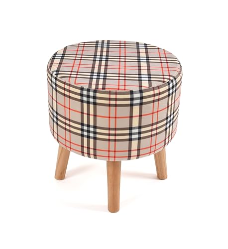Image of NACIA Printed Ottoman Stool Set of 2 | Soft Cushioned Velvet Pouf Footrest with Wooden Legs | Decorative Seating Stool for Bedroom Living Room Home & Office (16x16x17 Inch, Cream Strip)