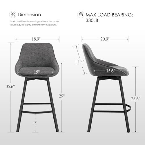 Image of Zesthouse Swivel Counter Height Stools Set of 4, Modern Upholstered Barstools with Backs, 26'' Linen Fabric Counter Height Bar Stools, Metal High Chairs for Island Kitchen, Dark Grey