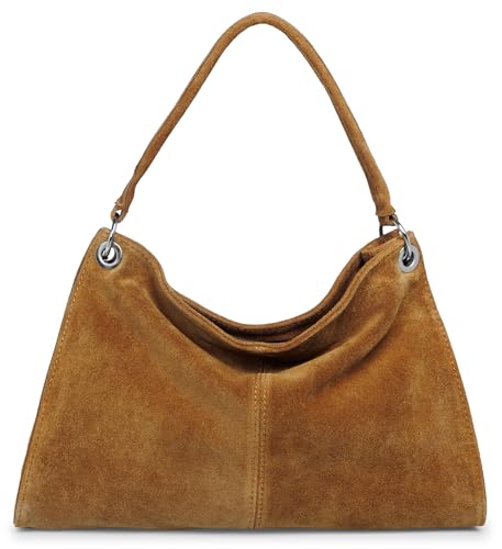 Caspar Elegante Wildleder Handtasche Damen Leder Schultertasche Crossbody Bag Umhängetasche aus hochwertigem Veloursleder - PREMIUM LINE - Modell No.838 - Made in Italy Farbe:cognac