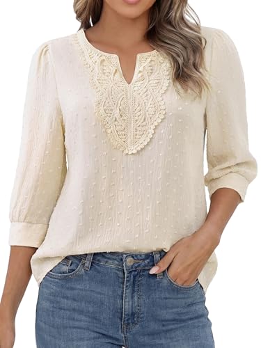 Funlingo Boho Tops for Women 3/4 Length Sleeve V Neck Blouses Dressy Casual Swiss Dot Lace Shirts Trendy Vacation Clothes 2026 Light Beige 3XL