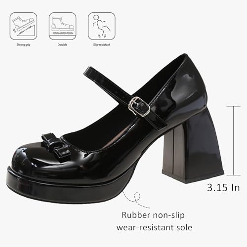 Women's Patent Leather Chunky High Heel Mary Janes with Adjustable Strap Cute Bow Round Toe Comfortable Platform Block Heel Non Slip Goth Dress Pumps for Work Party3