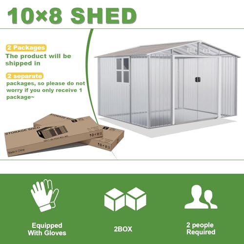 Gotland 10FT x 8FT Sheds & Outdoor Storage, Storage Shed with 1 Large Window Sloped Step, Metal Shed with 2 Lockable Slide Doors Air Vents, Outdoor Shed for Backyard Patio Lawn Brown
