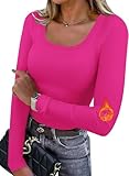 WIHOLL Womens Long Sleeve Tops Dressy Casual Scoop Neck Underscrub Underwear Thermal Shirts Fall Winter Spring Clothes 2026 Slim Fit Outfits Ladies Tops and Blouses Valentines Day Hot Pink M
