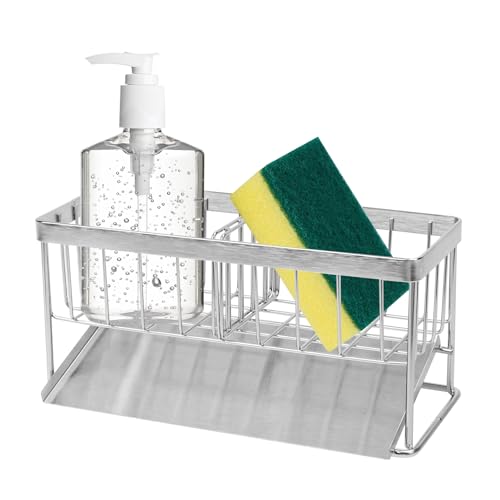 スポンジホルダー スポンジ置き キッチン 水が流れる 防錆 ステンレス製 たわし入れ キッチン 洗面台 収納 可動式仕切り 洗剤置き たわしホルダー 洗面所/キッチン収納 (シルバー)