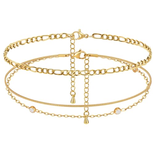 Image of MPRAINBOW Waterproof Gold Anklets for Women - 14k Gold Plated Ankle Bracelets,Summer Beach Surf Foot Chain Multilayered Stacked Bracelet Anklet Set,Layered Trendy Jewelry for Girlfriend