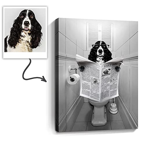 kvtiwee Custom Pet Portrait from photo, Funny Pet in Toilet Canvas Prints, Black and White Bathroom Wall Art, Personalized Cute Dog Pictures Posters Wall Decor for Living Room Bedroom Wall Paintings