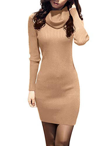 v28 Sweater Dress for Women Ribbed Knit Fitted midi Sexy Fall Winter Bodycon Cowl Neck Dresses (Small,Khaki)