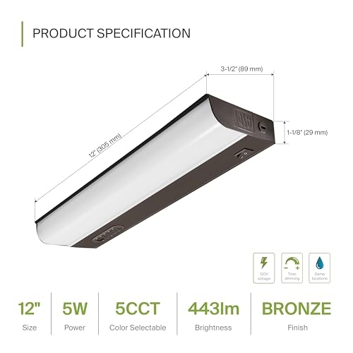 Image of ASD LED Under Cabinet Lighting Hardwired, 12 Inch 5W 2700K-5000K Selectable, 442LM, CRI90+, Direct Wire Linkable Under Counter Lights for Kitchen, Dimmable Under Cabinet Lights, Bronze, UL Certified