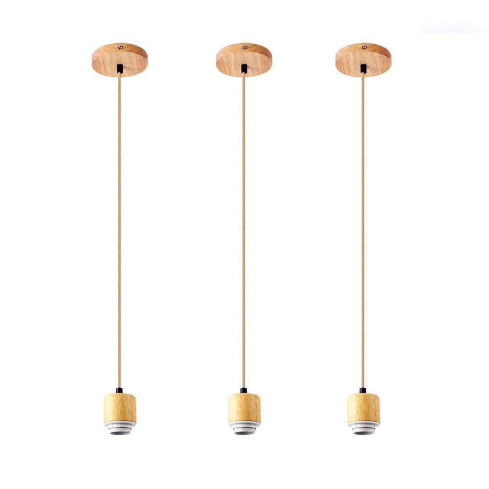 Jadssox Wood Pendant Lights Set of 3 Nordic Ceiling Rose Braided Flex Wooden Hanging Lamp Modern Kitchen Island Lighting Fixture E27 Suspended Lamps for Farmhouse Restaurant
