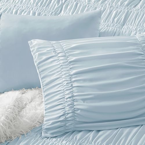 Image of Intelligent Design Ruched Shabby Chic Blue Twin XL Comforter Set, 2pc | Girls Dorm Bedding Set, French Country, All Season Down Alternative, Cozy, Machine Washable, Lightweight, Breathable