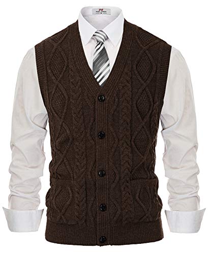 Image of PJ PAUL JONES Mens Cable Knit V Neck Sweater Vest Button Up | Sleeveless, Cardigan Sweater Vests with Pockets, Button Down, Knitted, Patterned, Regular Fit, Vintage, Retro, Dress, Casual