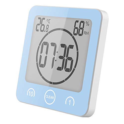 Sunsbell Shower Wall Clock Waterproof Digital Temperature Humidity Display with Suction Cup, Touch Screen Timer for Kitchen Bathroom (Blue)