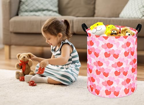 Image of Round Valentine's Heart Pattern Laundry Hamper Clothes Storage Basket Fabric Storage Hamper Organization Storage Bin, Nursery Box,Gift Basket with Handles