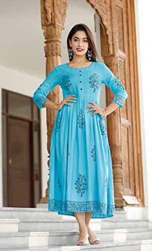 Image of TARANJAL Women's Rayon Anarkali Hand Block Printed Kurti