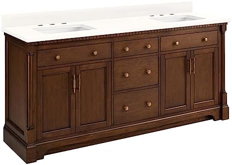 Signature Hardware 484376 Claudia 72" Double Basin Vanity Set with Mahogany Cabinet, Marble Vanity Top and Rectangular Undermount Sink - 8" Faucet Holes