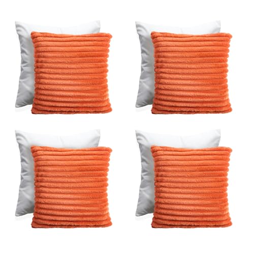Image of OHS Rust Cushions with Covers Included 45 x 45cm Set of 4 Faux Fur Thick Ribbed Decorative Autumn Cushions with Inserts Home Decoration Throw Pillow Cover with Invisible Zipper