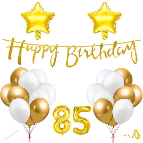 Image of Flyloons 85th Happy Birthday Decoration Kit Gold White for Boys Girls Men Women Adults With 20 Pcs Chrome Balloons Birthday Banner 2 Pcs Star Items Set Golden